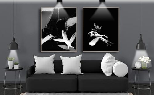 Jogo com 2 Quadros Decorativos Exclusivo Abstrato e Mulher Figurativa ao Fundo Preto
