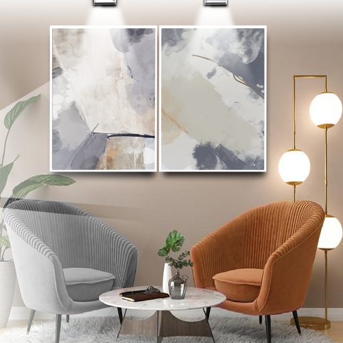 Jogo com 2 Quadros Decorativos Exclusivo Abstrato em Tons de Azul e Rose