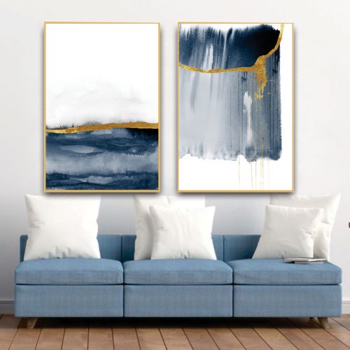 Jogo com 2 Quadros Composição Exclusiva Abstrata Azul com detalhes dourados