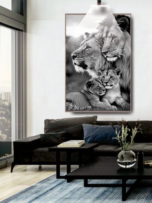 Quadro Decorativo Exclusivo Família de leões com 2 filhotes Preto e Branco