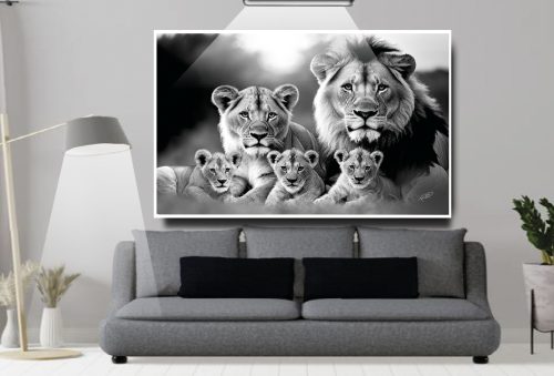 Quadro Decorativo Exclusivo Família de leões com 3 filhotes Preto e Branco