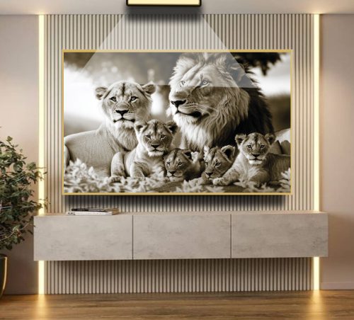 Quadro Decorativo Exclusivo Família de leões com 3 filhotes Cobre