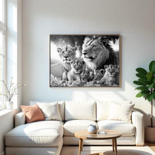 Quadro De Luxo Arte Família de Leões Preto e Branco