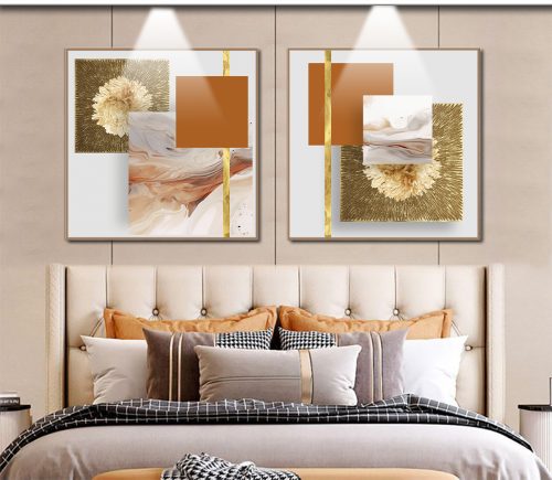 Jogo com 2 Quadros Decorativos Exclusivo Abstrato com Formas, Linhas e Detalhes em Dourado