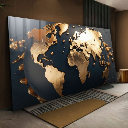 Quadro De Luxo Arte Mapa Mundi Azul e Dourado