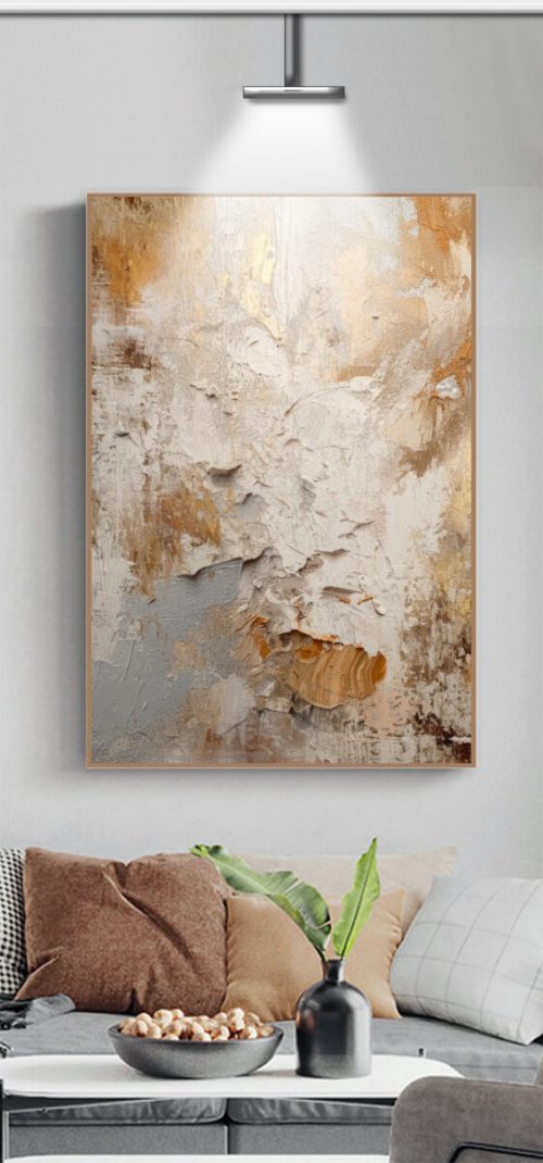 Quadro Decorativo Exclusivo Abstrato com Tons Neutros e Detalhes em Laranja e Dourado