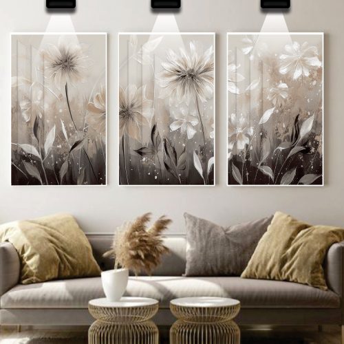 Jogo com 3 Quadros Composição Exclusiva Trio Pintura Florais