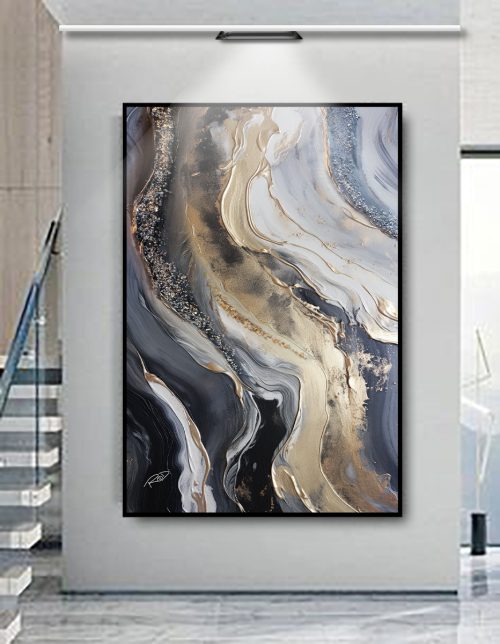 Quadro Decorativo Exclusivo Abstrato Marmorizado com Tons de Azul e Dourado