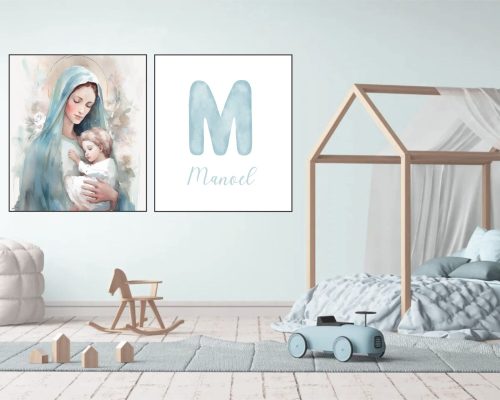 Jogo com 2 Quadros Decorativos Infantil Azul com Letra Personalizada