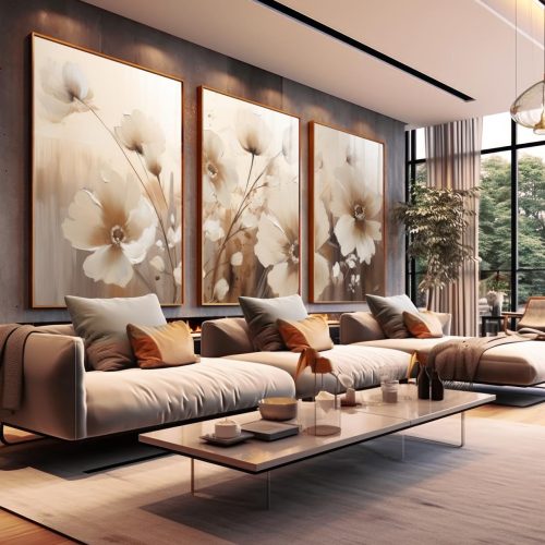 Jogo com 3 Quadros Decorativos Floral Neutro