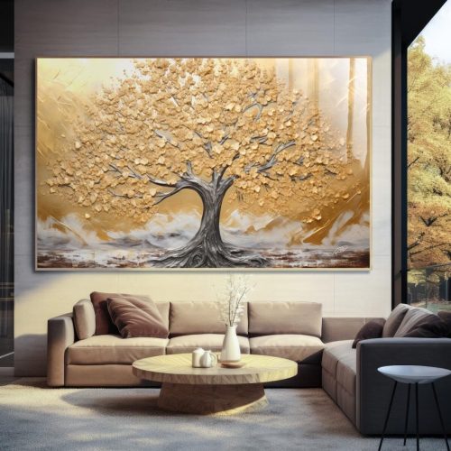 Quadro Decorativo Árvore com Folhas Douradas
