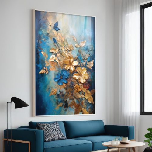 Quadro Decorativo Abstrato Floral com Tons de Azul e Dourado