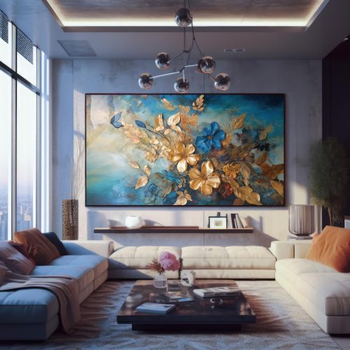 Quadro Decorativo Floral com Tons de Azul e Dourado