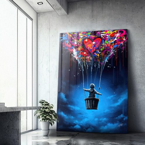 Quadro Decorativo Menino no Balão ao Fundo Azul