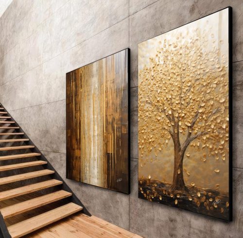 Jogo com 2 Quadros Decorativos Abstrato com Árvore em Tons de Dourado e Marrom