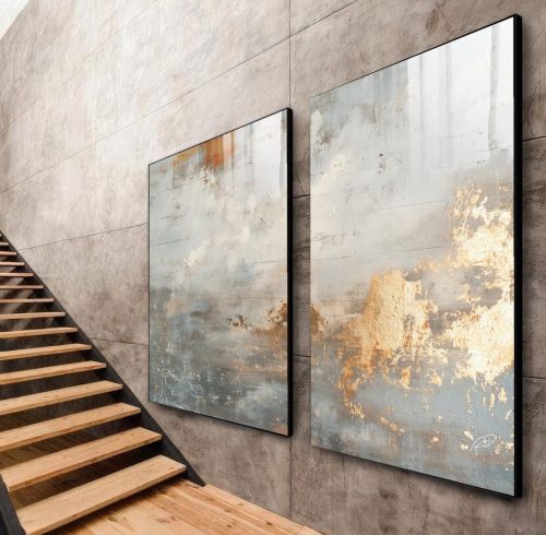 Jogo com 2 Quadros Decorativos Abstrato com Tons de Cinza e Dourado