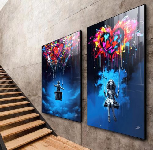 Jogo com 2 Quadros Decorativos Menina no Balanço e Menino no Balão ao Fundo Azul