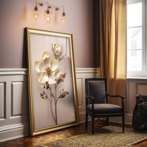 Quadro Decorativo Floral Branco com Dourado