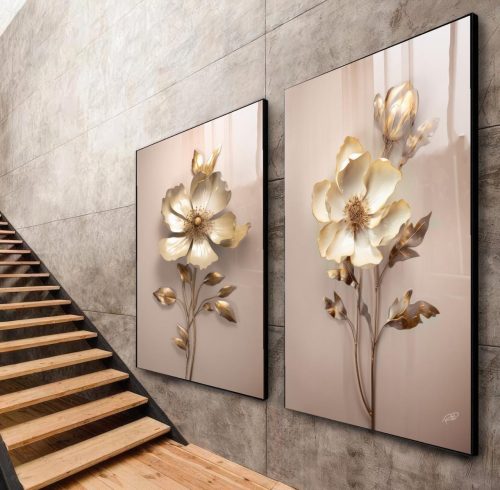 Jogo com 2 Quadros Decorativos Floral Branco com Dourado