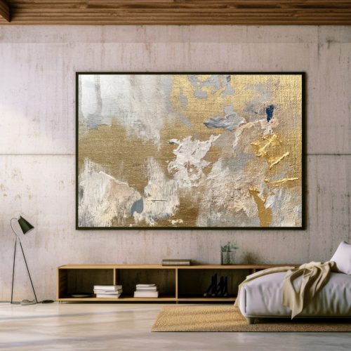 Quadro Decorativo Abstrato Com Tons de Cinza, Branco e Dourado