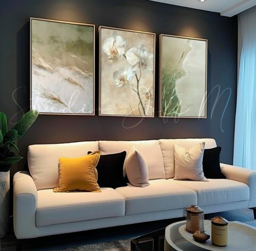 Jogo com 3 Quadros Decorativos Neutros com Flores