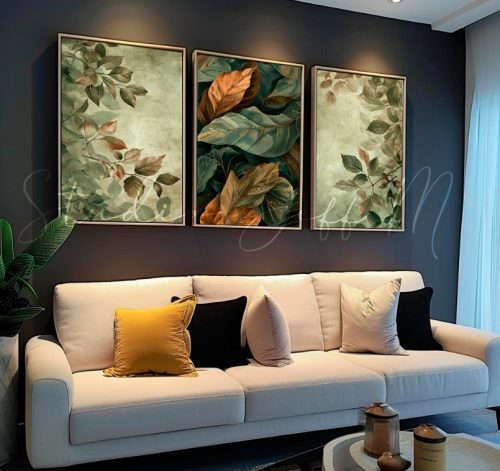 Jogo com 3 Quadros Decorativos Folhas Minimalistas