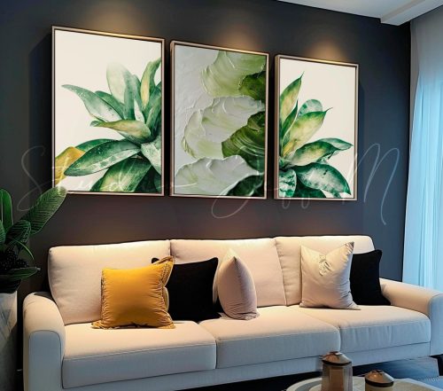 Jogo com 3 Quadros Decorativos Abstrato e Folhas