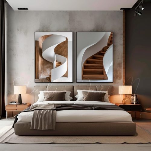 Jogo com 2 Quadros Decorativos Escada Abstrata em Tons de Marrom e Branco
