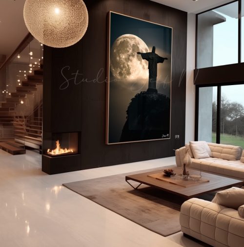 Quadro Decorativo Cristo Redentor e a Lua