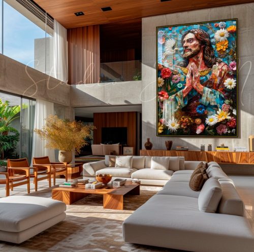 Quadro Decorativo Jesus com Efeito Quadriculado e Florais
