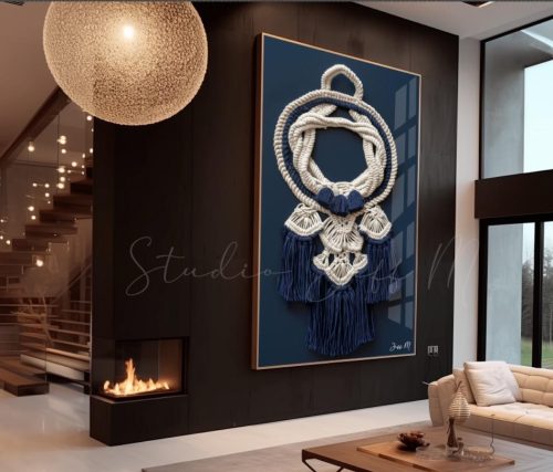 Quadro Decorativo Efeito Macramé No Fundo Azul
