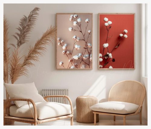 Jogo com 2 Quadros Decorativos Flores de Algodão