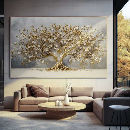 Quadro Decorativo Árvore Dourada e Off White