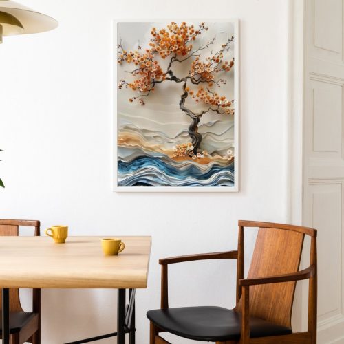 Quadro Decorativo Efeito Relevo com Arte Árvore e Flores