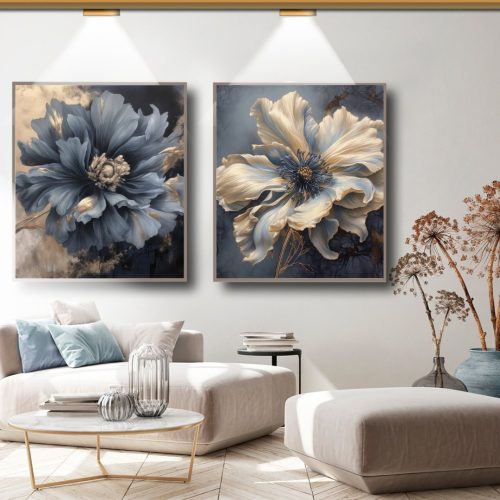 Jogo com 2 Quadros Decorativos Floral Azul e Dourado