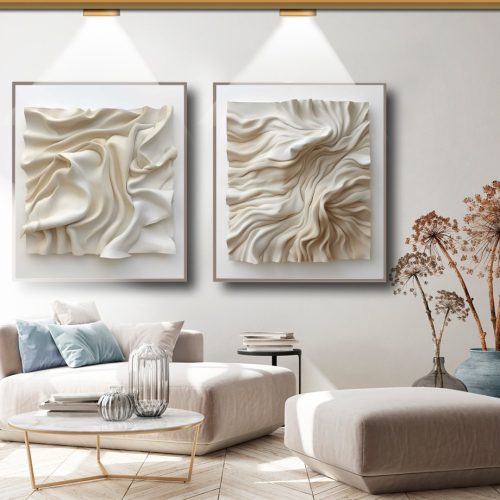 Jogo com 2 Quadros Decorativos Abstrato Off White com Efeito Relevo