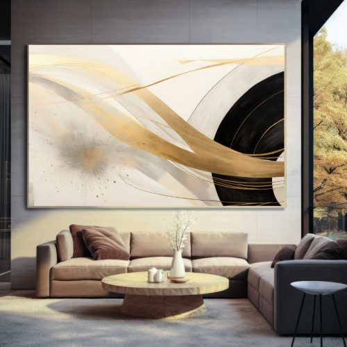 Quadro Decorativo Abstrato Off White, Dourado, Cinza e Preto