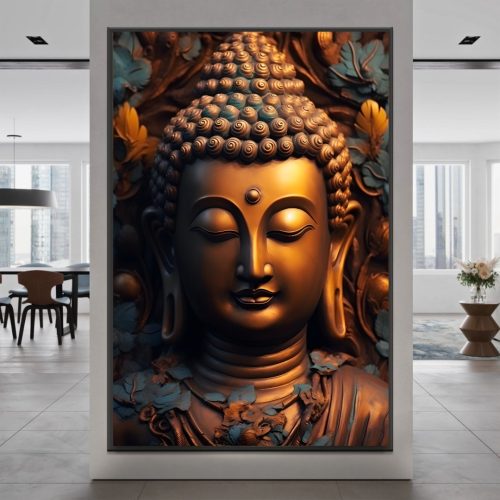 Quadro Decorativo Buda com Floral Azul