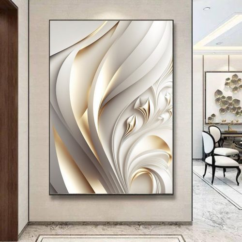 Quadro Decorativo Abstrato Clean em Tons de Off White e Dourado