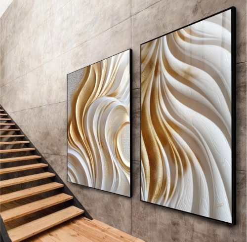 Jogo com 2 Quadros De Luxo Abstrato Off White e Dourado com Efeito Relevo e Ondas em 3D