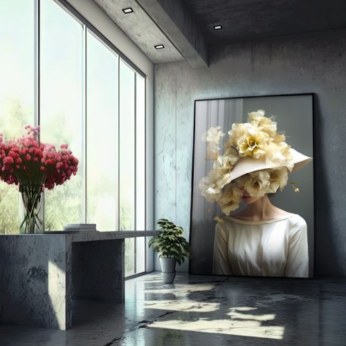 Quadro De Luxo Mulher Figurativa com Chapéu Floral Amarelo