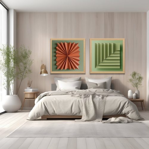 Jogo com 2 Quadros De Luxo Abstrato com Efeito Relevo em Tons de Verde e Laranja