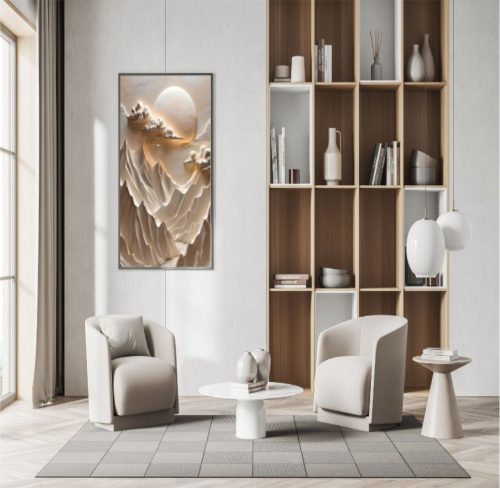 Quadro De Luxo Arte Figurativa Montanhas, Nuvens e Lua com Efeito 3D em Tons Neutros