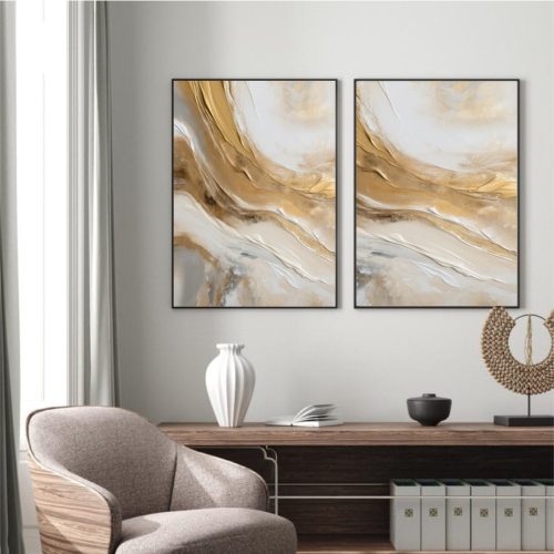 Jogo com 2 Quadros De Luxo Abstrato Neutro Clean com Detalhes em Dourado