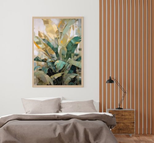 Quadro De Luxo Abstrato Folhas Verde e Detalhes Dourados