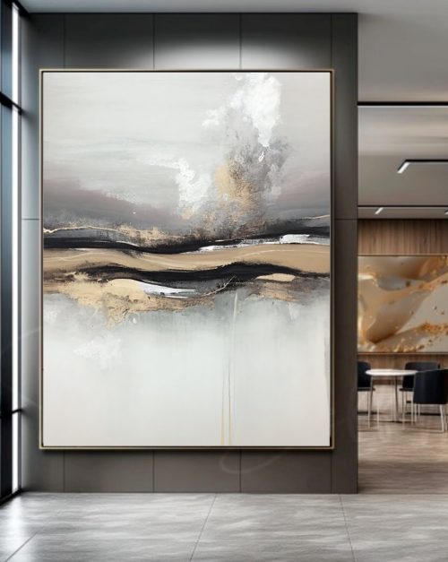 Quadro De Luxo Abstrato em Tons de Cinza, Branco, Preto e Cobre