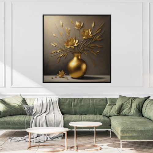 Quadro De Luxo Vaso Dourado Figurativo com Flores Douradas