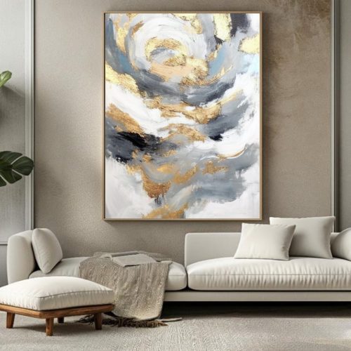Quadro De Luxo Abstrato com Cores Cinza e Branco e com Detalhes Dourados