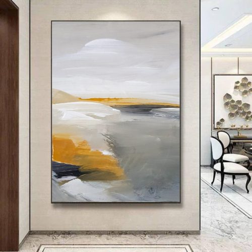 Quadro De Luxo Abstrato em Tons de Cinza, Branco e Amarelo