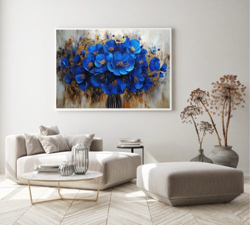 Quadro De Luxo Floral Azul com Dourado
